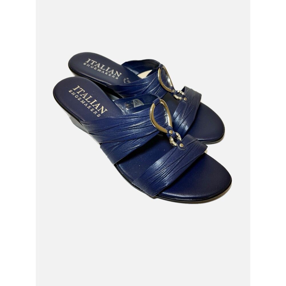 Italian Shoemakers Navy Blue Embellished Slip On Wedge Sandals Size 9